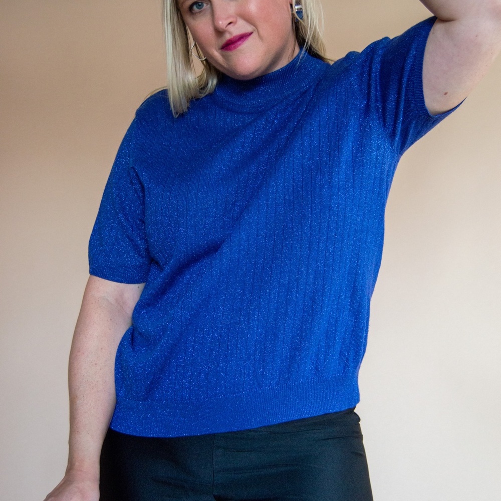Y2K Short Sleeve Mock Sweater Tee w/ Metallic Accents